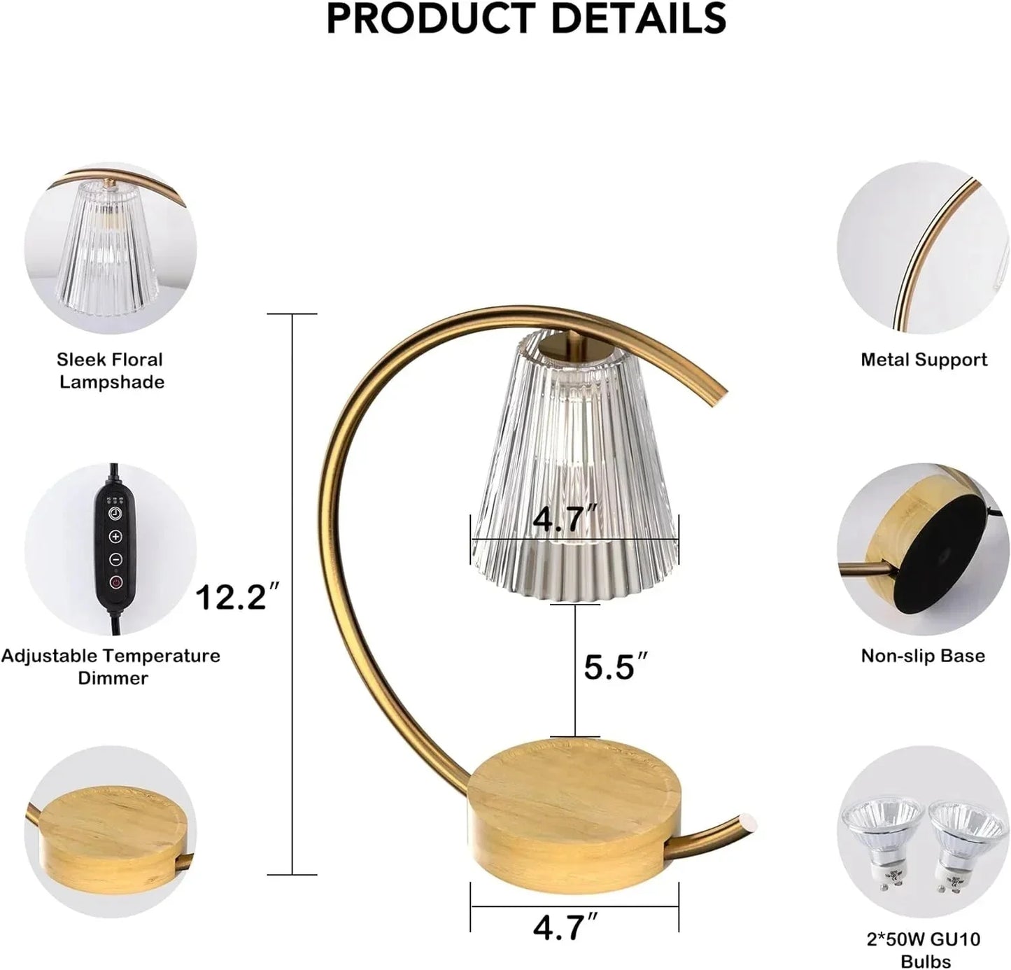 Product details of a lamp with specifications on a white background