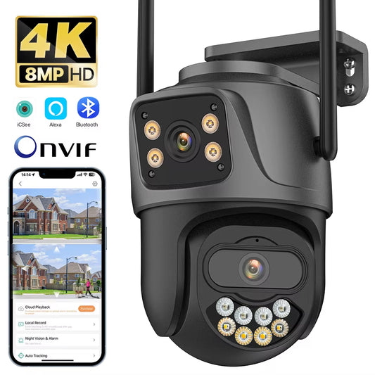 Outdoor security camera with 4K resolution and app interface on a white background