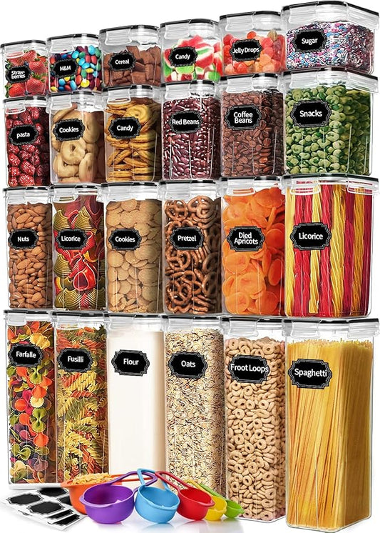 Set of food storage containers with labeled lids containing various snacks and pantry items.