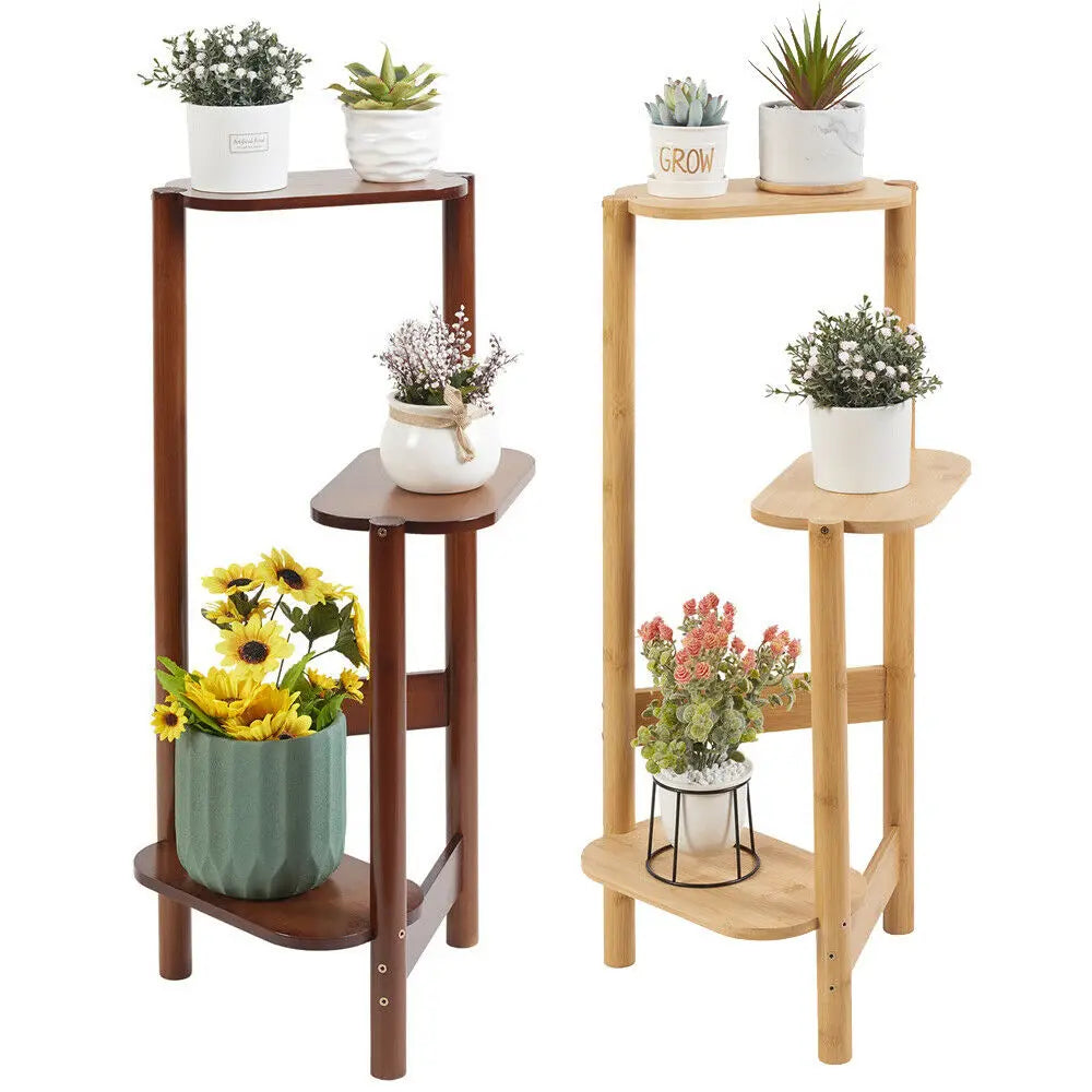 "3-tier bamboo plant stand for indoor and corner display, perfect for balcony, living room, or bedroom décor"