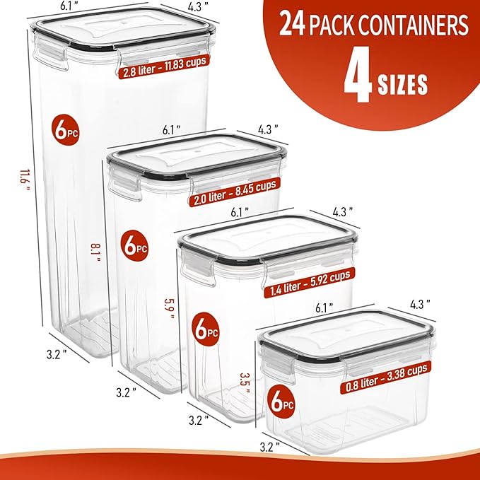 Set of clear storage containers with measurements and a 24-pack option on a white background.