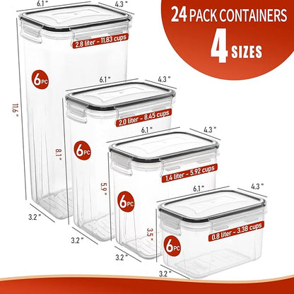 Set of clear storage containers with measurements and a 24-pack option on a white background.