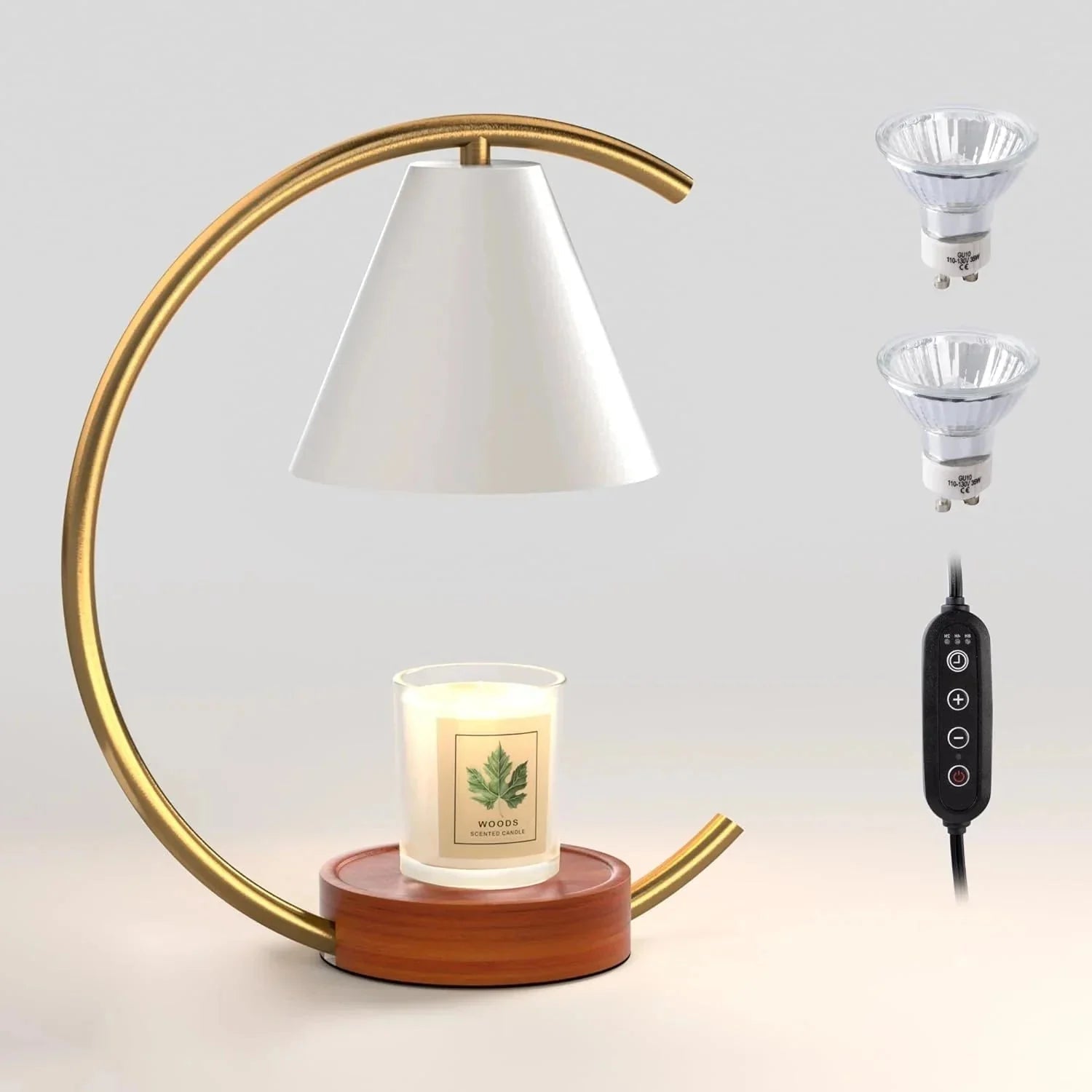 Decorative lamp with a candle and additional light bulbs on a neutral background