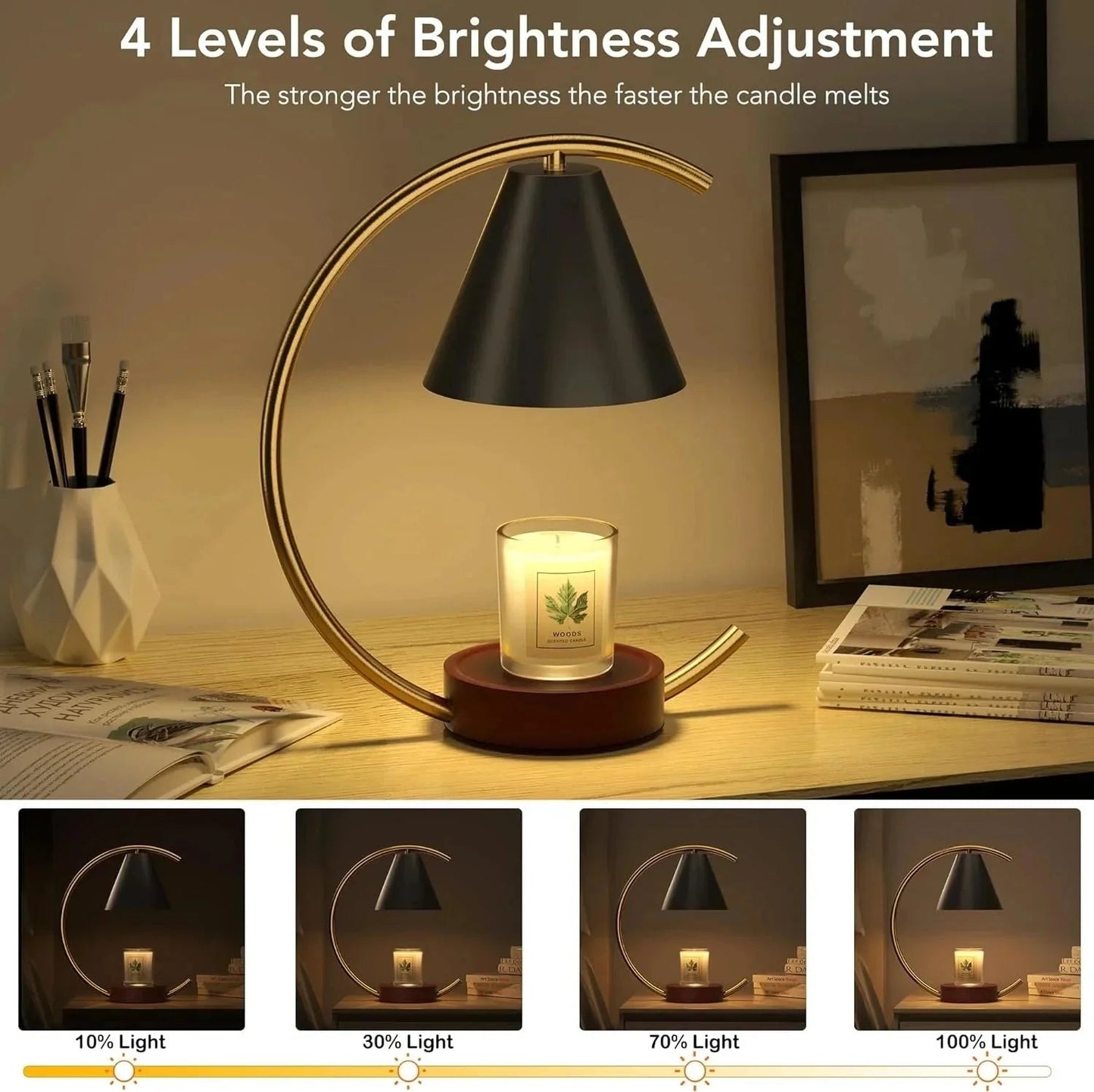 Table lamp with candle on a desk, showing four levels of brightness adjustment.