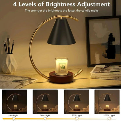 Table lamp with candle on a desk, showing four levels of brightness adjustment.