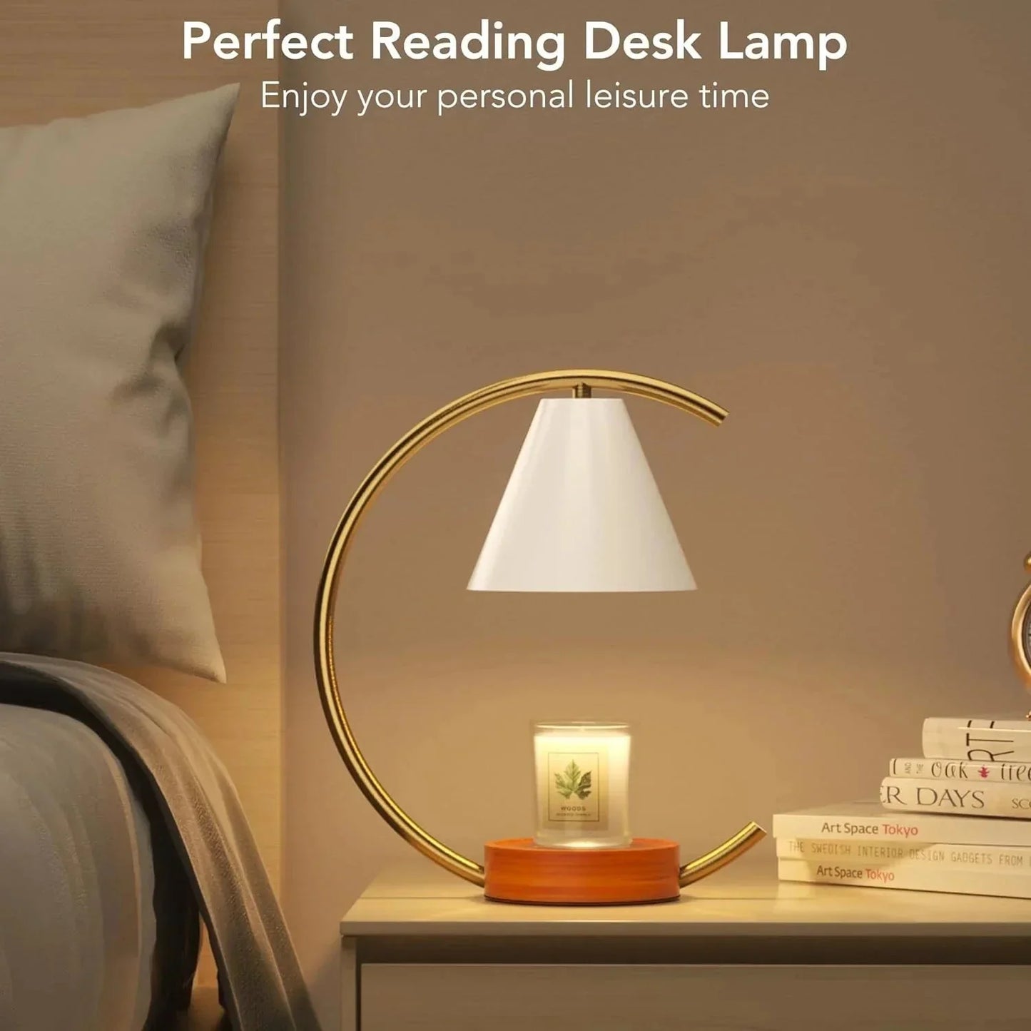 Gold reading lamp on a nightstand with books and a candle, text 'Perfect Reading Desk Lamp' and 'Enjoy your personal leisure time'.