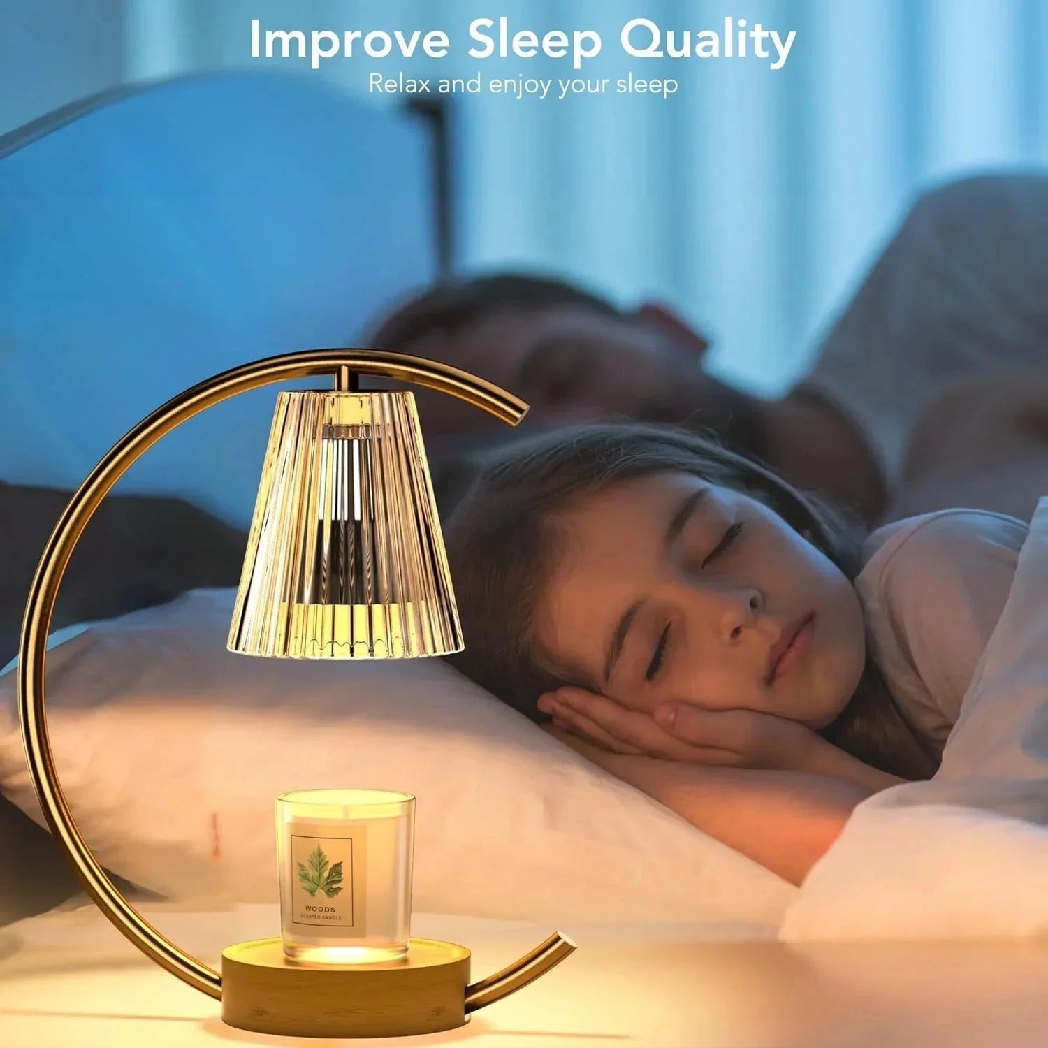 Woman sleeping with a gold table lamp and candle on a bedside table, text 'Improve Sleep Quality' above.
