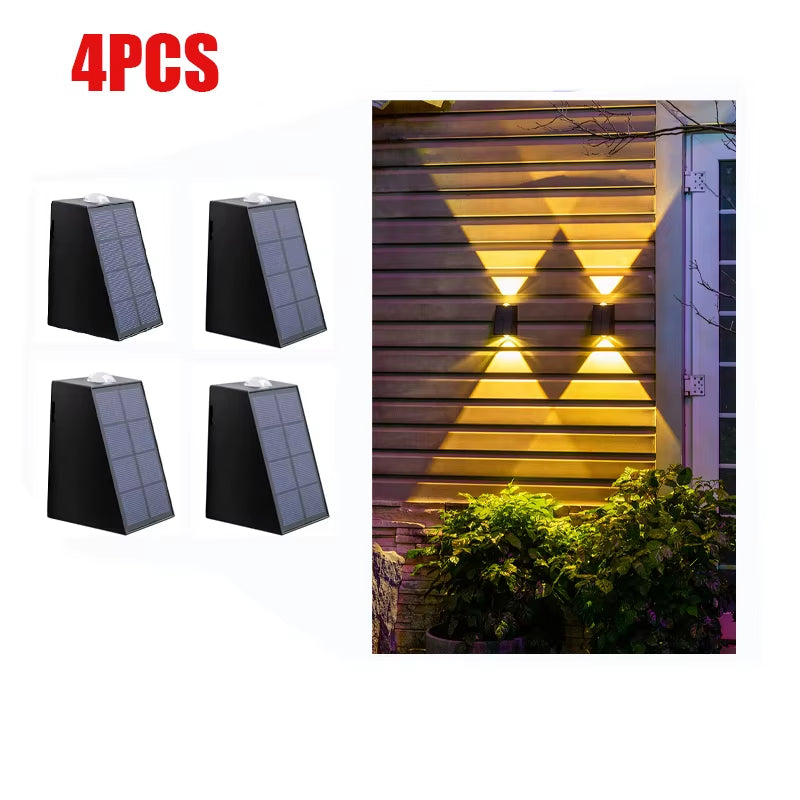 Four solar wall lights with a scene of lights on a wall.