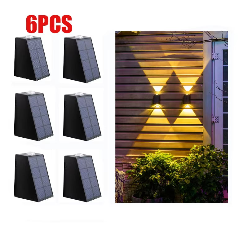 Set of six solar wall lights with a photo of their installation on a wall.