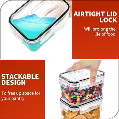 Stackable food storage container with airtight lid lock feature, showing stackability and food preservation benefits.