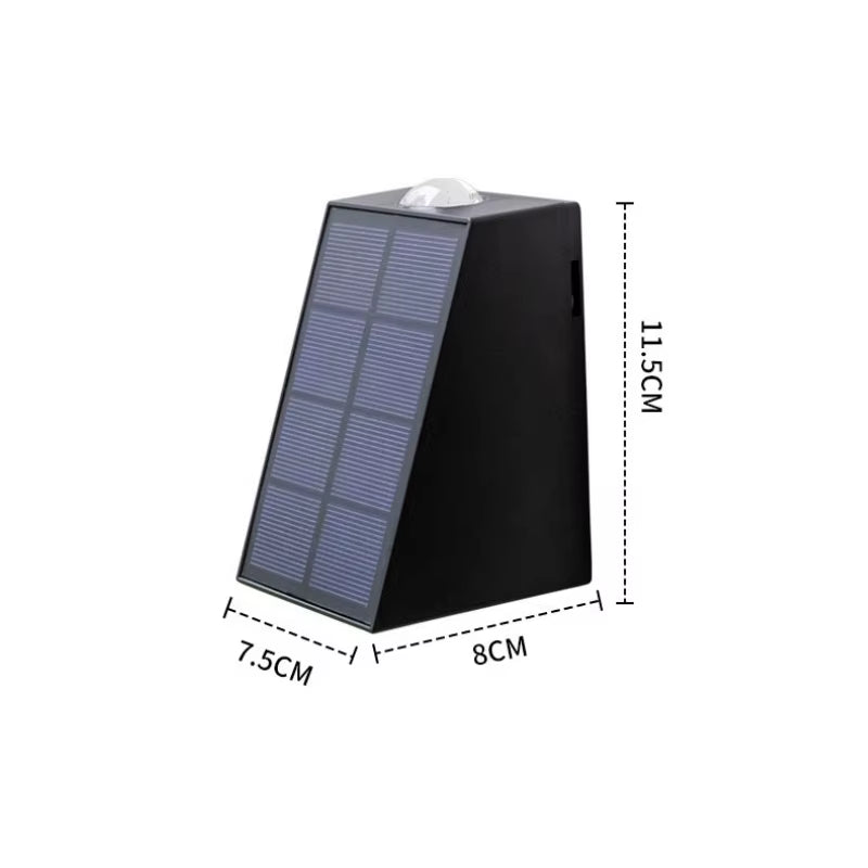 Black wedge-shaped solar light with dimensions on a white background