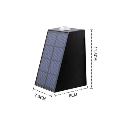 Black wedge-shaped solar light with dimensions on a white background
