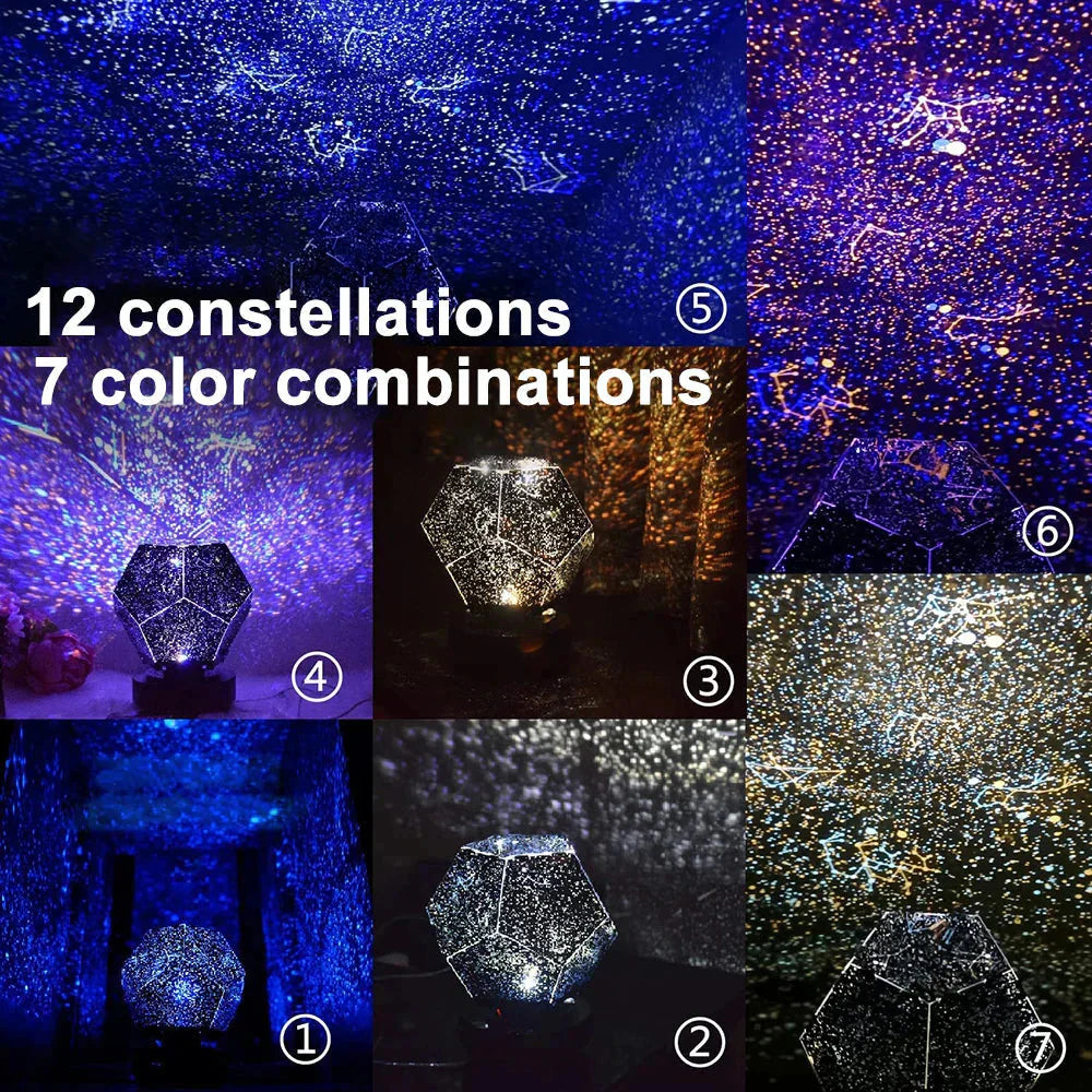Collage of a starry night light with 12 constellations and 7 color combinations.