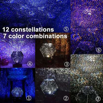 Collage of a starry night light with 12 constellations and 7 color combinations.