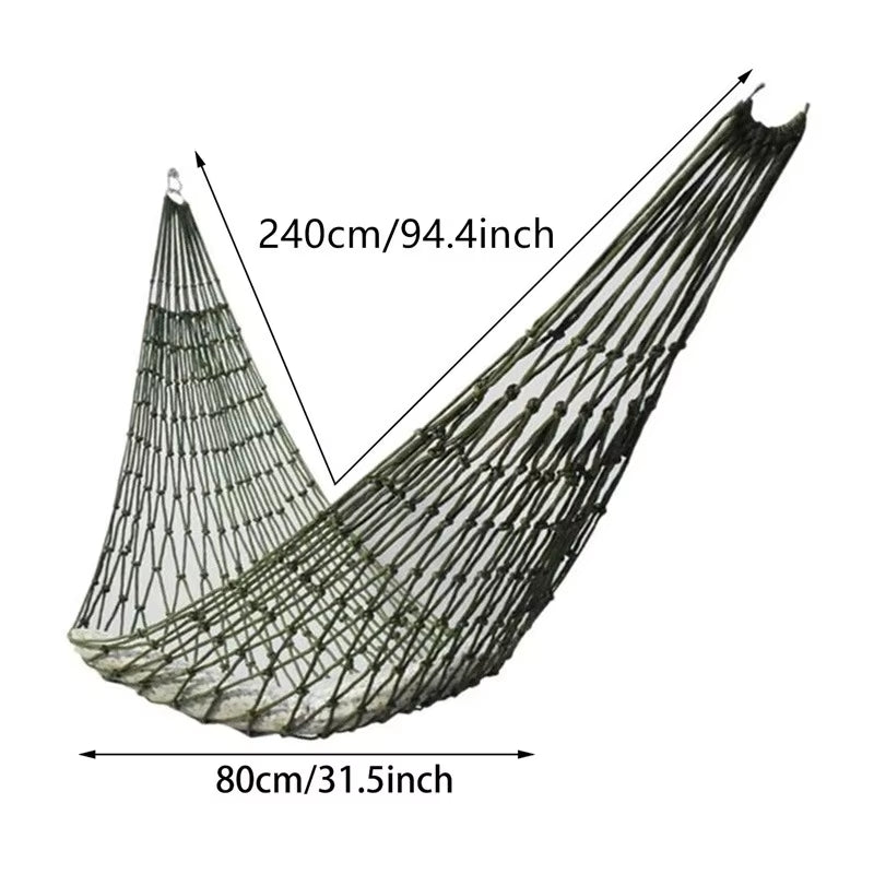 "Durable nylon mesh single hammock for outdoor camping, garden, or patio relaxation – lightweight and breathable design"