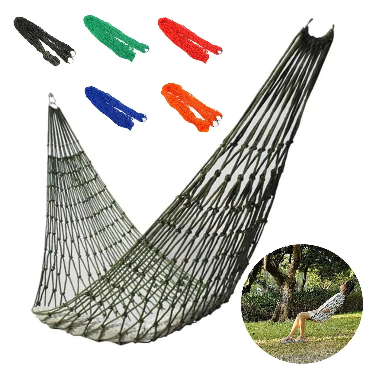 "Durable nylon mesh single hammock for outdoor camping, garden, or patio relaxation – lightweight and breathable design"