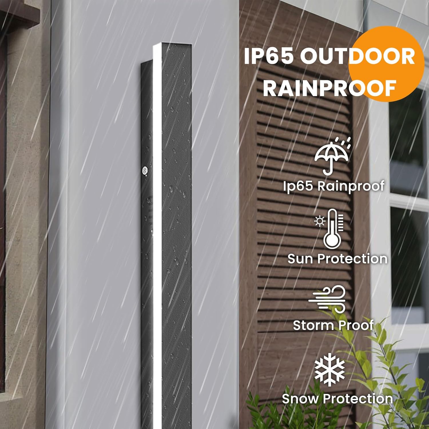 Outdoor rainproof device with IP65 rating on a gray wall.