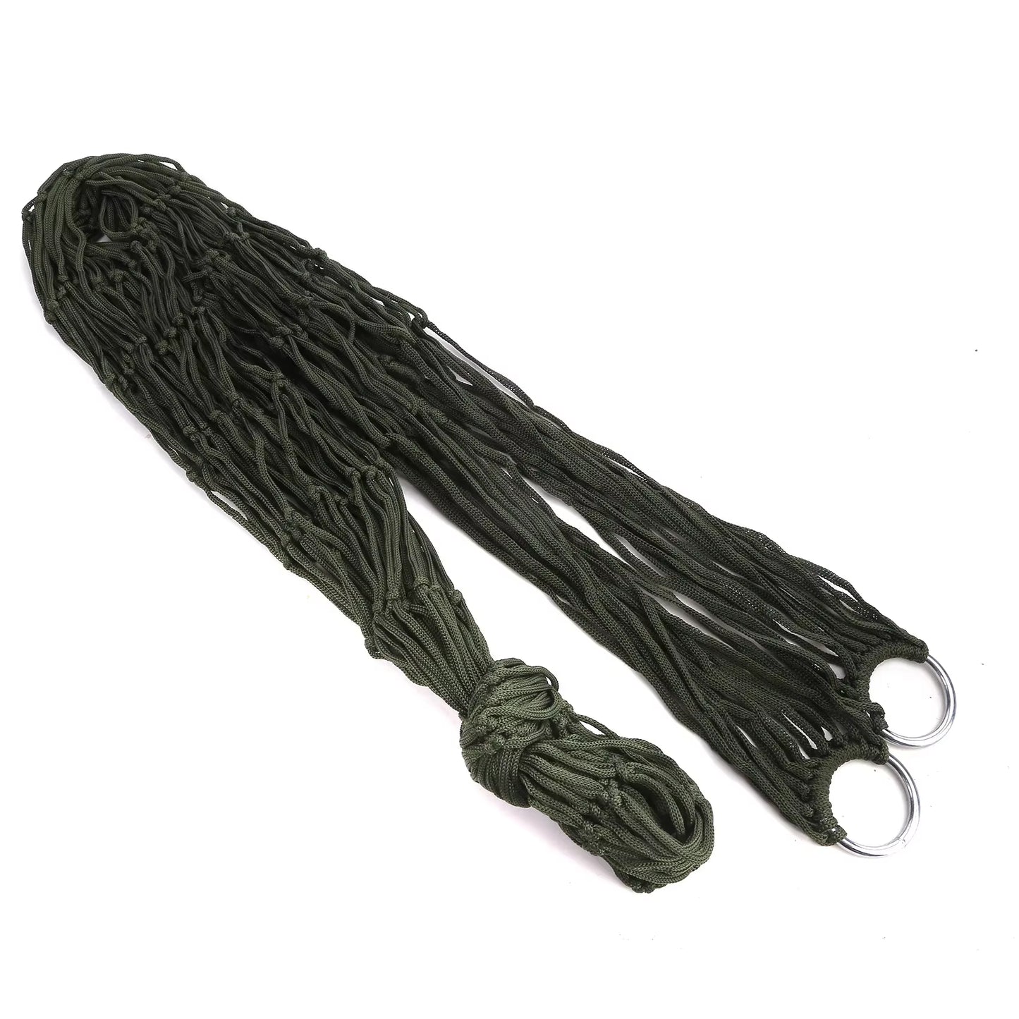 "Durable nylon mesh single hammock for outdoor camping, garden, or patio relaxation – lightweight and breathable design"