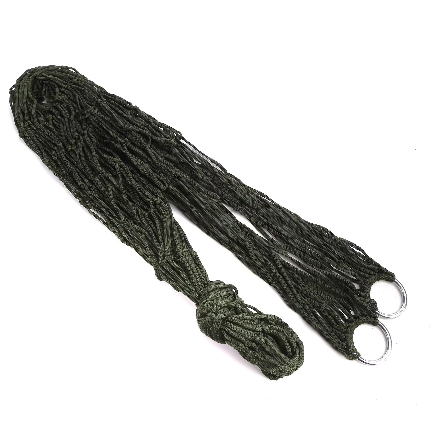 "Durable nylon mesh single hammock for outdoor camping, garden, or patio relaxation – lightweight and breathable design"