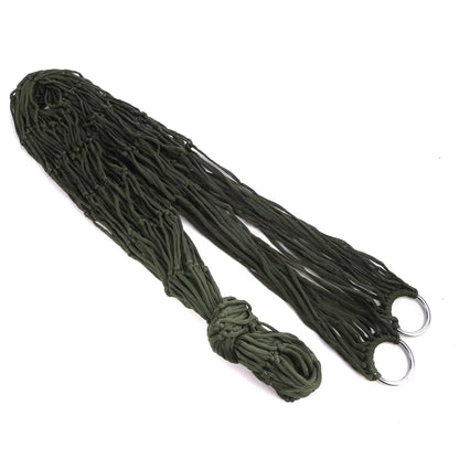 "Durable nylon mesh single hammock for outdoor camping, garden, or patio relaxation – lightweight and breathable design"