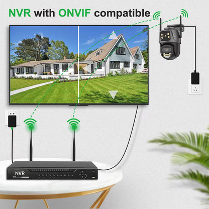 NVR system with ONVIF compatibility displayed on a screen, connected to a camera and power outlet.