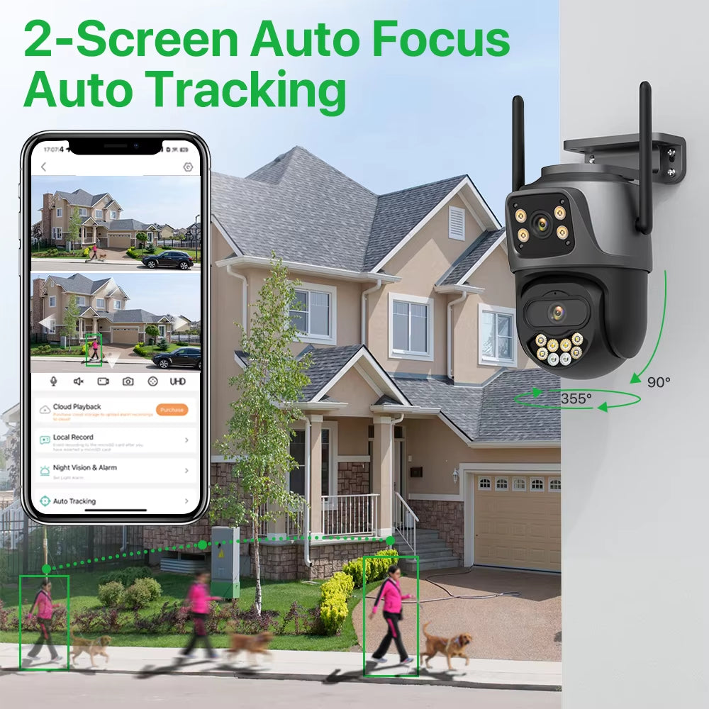 Smart home security camera with smartphone app interface showing a house and people outside.