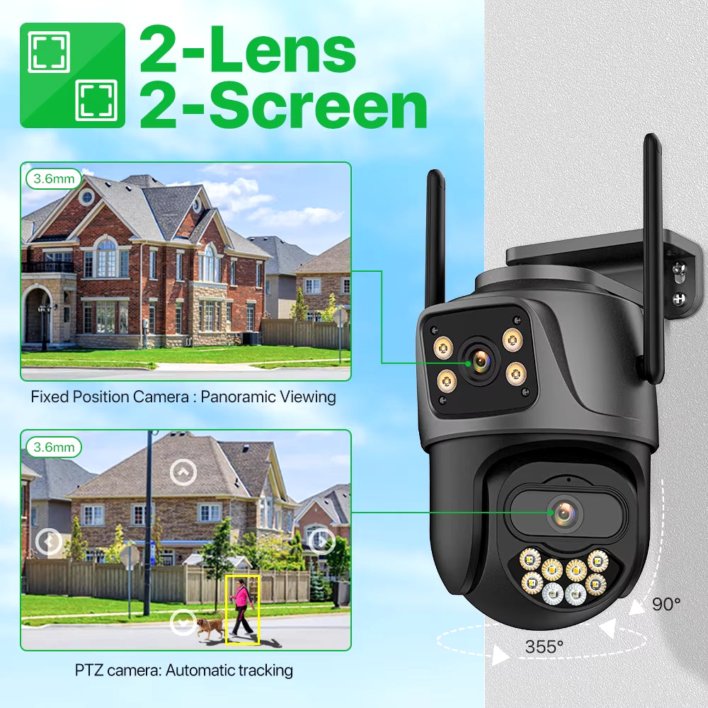 Outdoor security camera with two screens showing panoramic and automatic tracking views of a house.