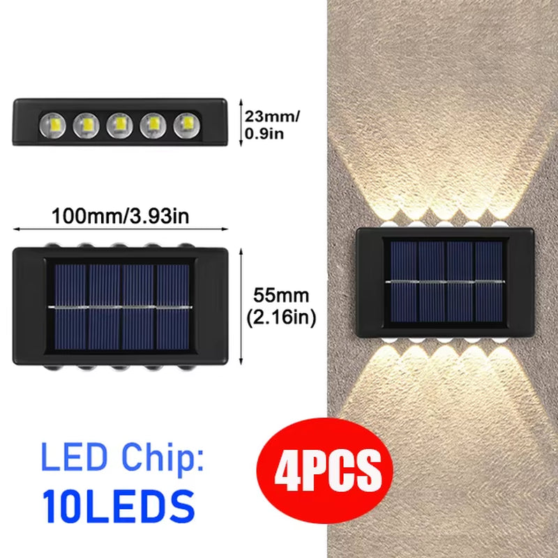 Solar wall light with LED chips, dimensions, and packaging details on a white background.