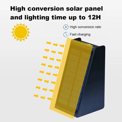 Solar panel with text highlighting high conversion rate and fast charging, on a light gray background.