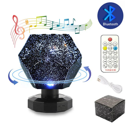 Starry night light projector with Bluetooth, remote control, and USB cable on a white background