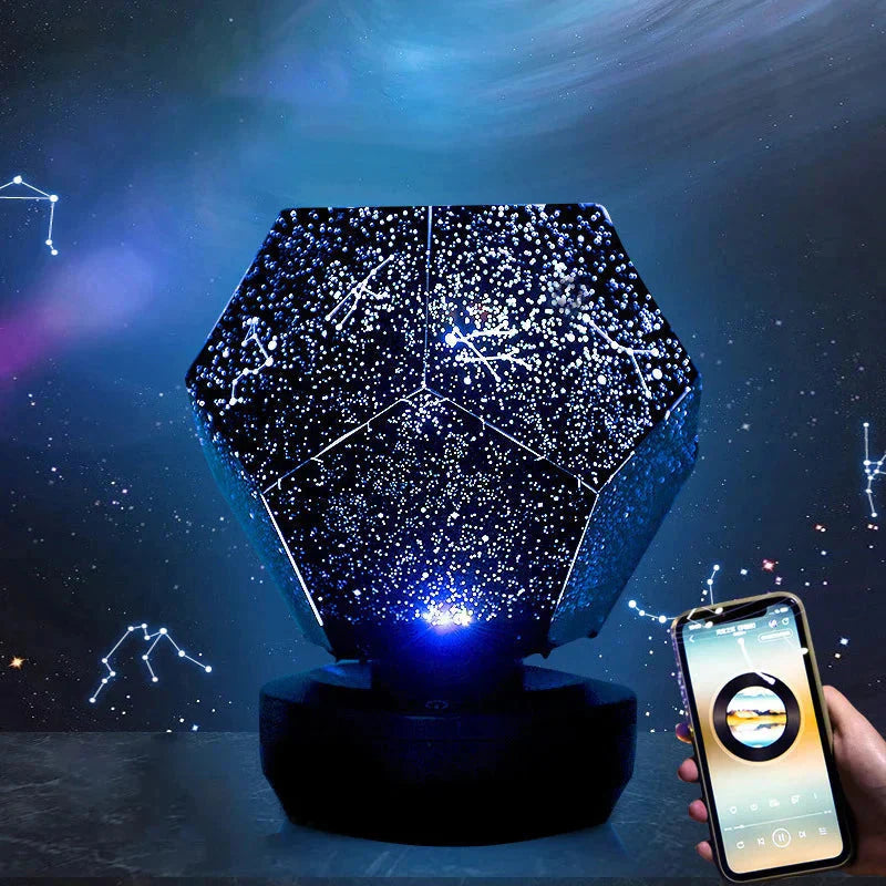 Starry night light projector with smartphone app control on a dark background