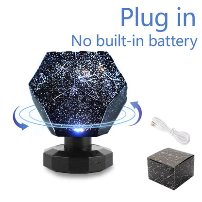 Starry night light projector with USB cable on a white background