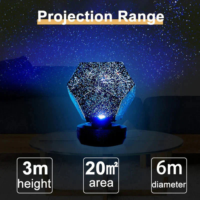 Starry night light projection lamp with projection range details on a dark background