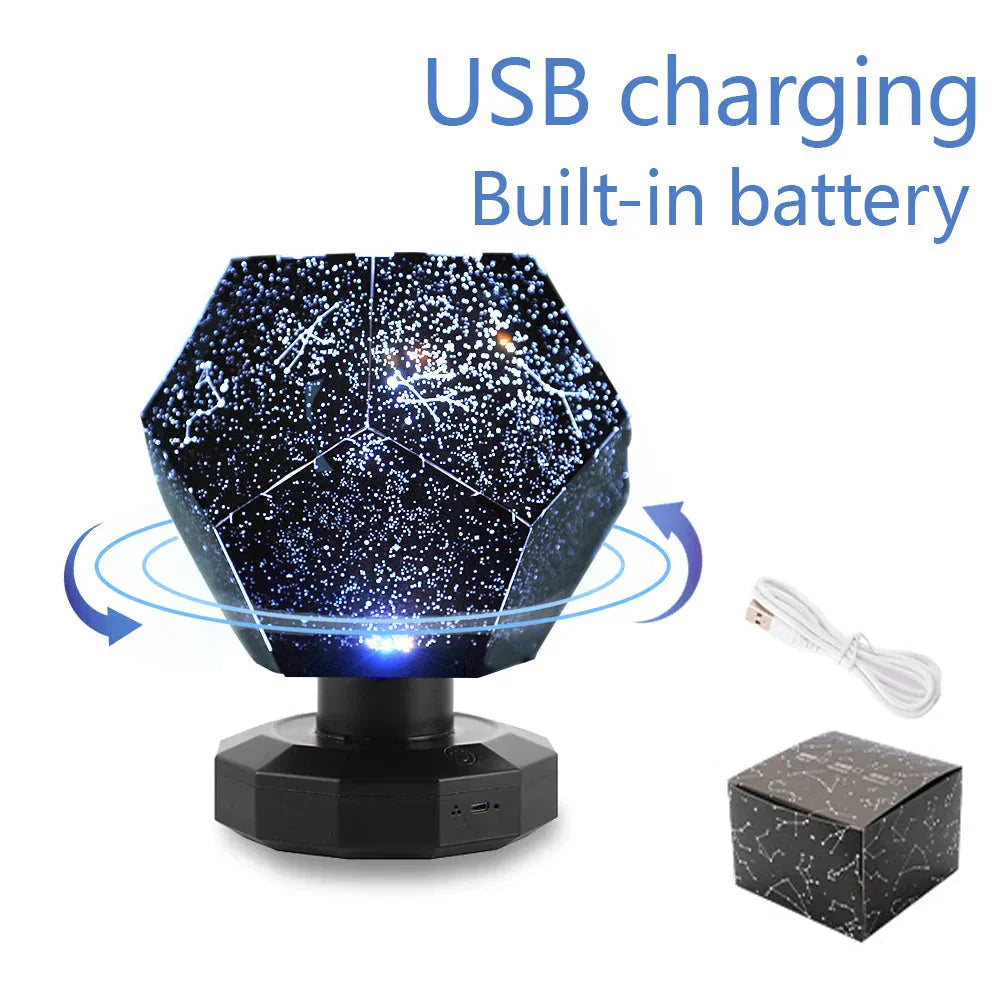 Starry night light with USB charging cable on a white background