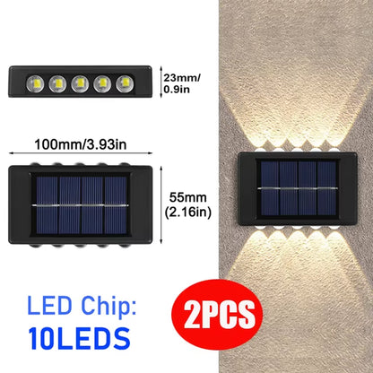 Solar wall light with LED chips, dimensions, and packaging details on a white background.